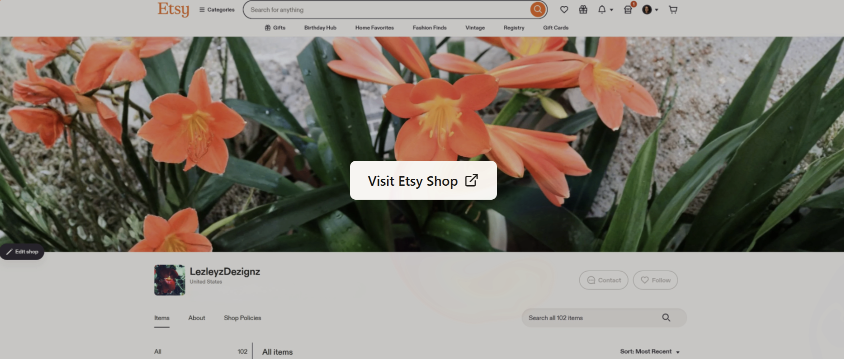 Etsy shop preview
